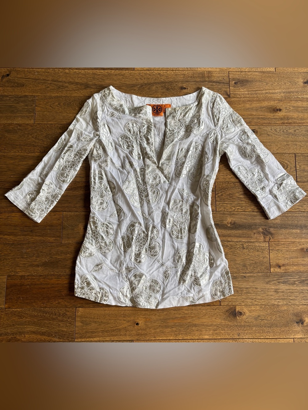 Tory Burch Rochelle Metallic Floral Tunic Top Size 4